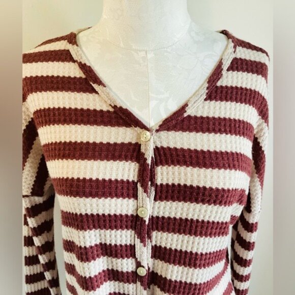 Altard State Waffle Knit Long Sleeve Tie Front Top Brown & Tan Stripes Size S - Picture 4 of 7